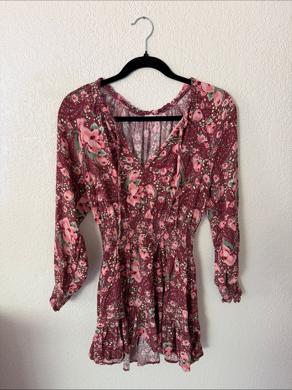 (4 for 20) aerie Pink Floral Smocked-Waist Mini Dress